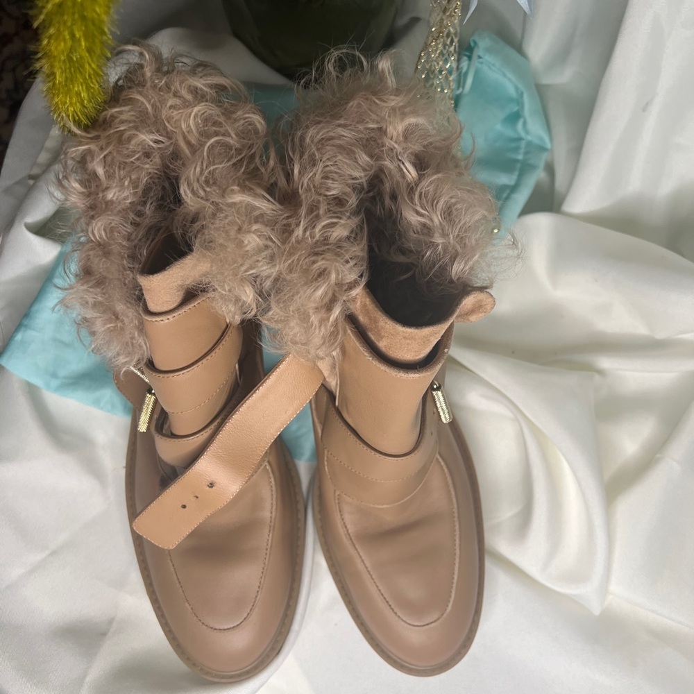 Aquazzura Tan FURRY HIGH END Ankle Boots with Gold Buckles  & run way style!